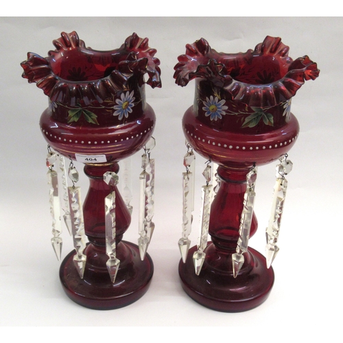 404 - Pair of Victorian floral painted cranberry glass lustres with drops, 37cm high