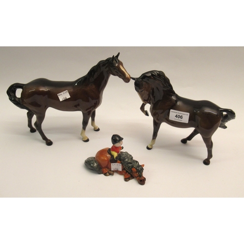 Two Beswick figures of horses and a Norman Thelwell figure on horseback