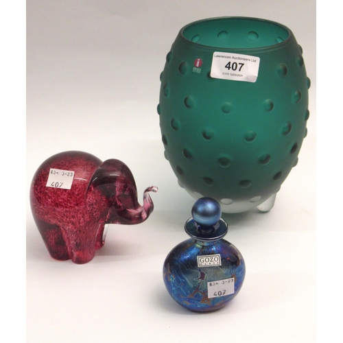 407 - Paperweight in the form of an elephant, an Iittala Finnish glass vase and a Gozo glass iridescent pe... 