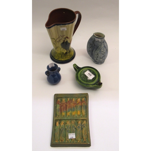 455 - Brannam for Liberty green glazed pottery oil lamp, and a small Brannam blue glazed vase, two further... 