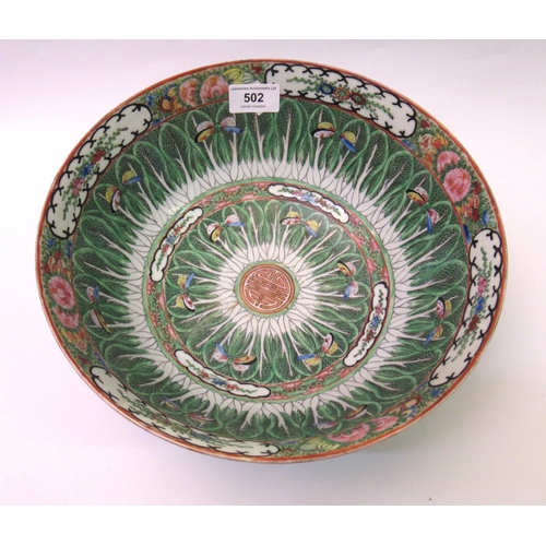 502 - 20th Century Chinese famille verte bowl, painted with butterflies and flowers, 28cm diameter