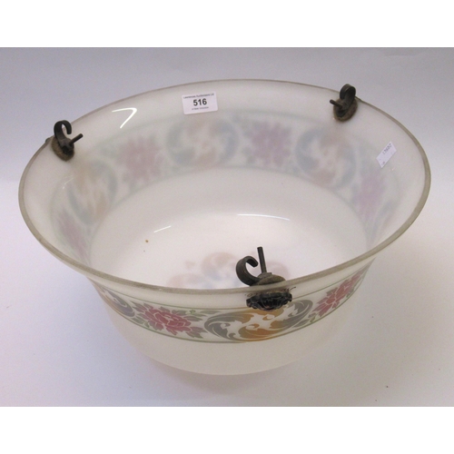 516 - 1930's White opaque glass hanging light bowl with floral decoration, 35cm diameter (ceiling fixing a... 