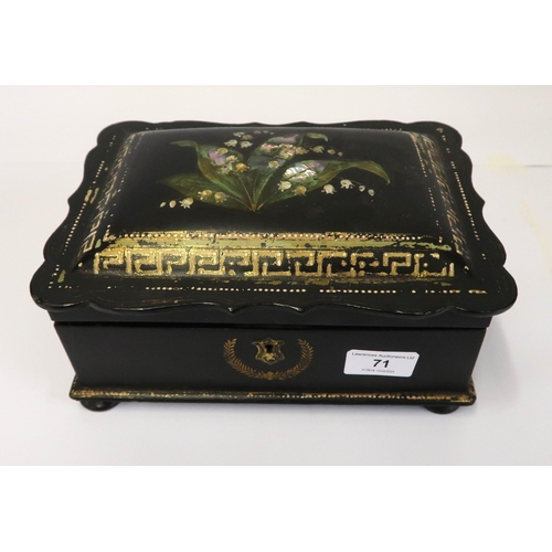 71 - Victorian black lacquered papier mache work box housing a collection of sewing related items