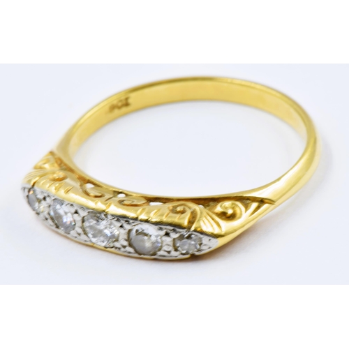 722 - 18ct Yellow gold ring set five graduated diamonds, size P, 3.7g