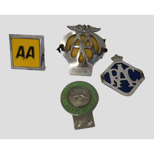 74 - AA car badge, an RAC car badge and a British Alsation Association badge