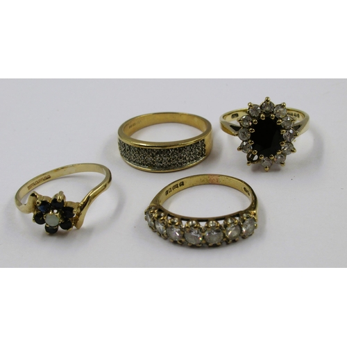 741 - Four various 9ct gold dress rings, gross weight 11g (one with stone missing)