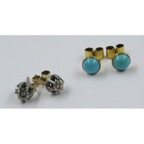 743 - Pair of 9ct gold diamond solitaire ear studs, together with a pair of 9ct gold turquoise set ear stu... 