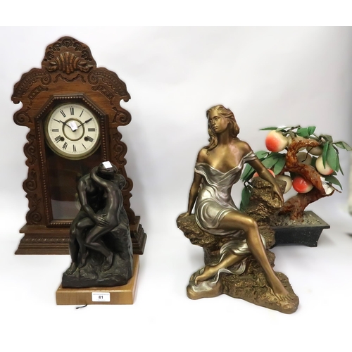 81 - Bronze patinated resin figural group ' The Kiss ', another of a seated female, a mantel clock and a ... 