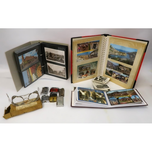 85 - Pair of mid 20th Century safety spectacles, small quantity of cigarette lighters and three albums of... 