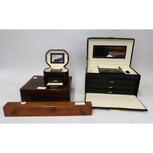 89 - Black leather jewellery casket, 19th Century rosewood brass mounted box , a mahogany instrument box ... 