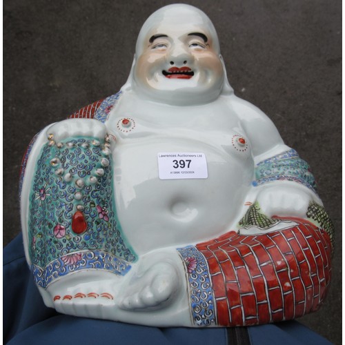 397 - Chinese porcelain figure of seated Buddha, signed with seal mark to base, 26cm high