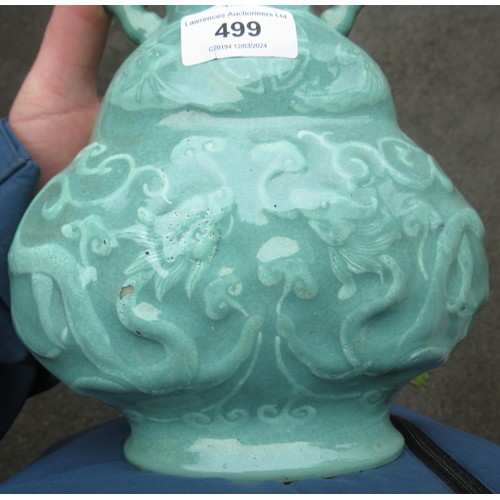 499 - Chinese Celadon two handled vase, relief moulded with dragons (drilled to base), 28cm high