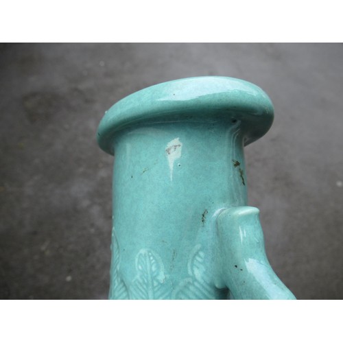 499 - Chinese Celadon two handled vase, relief moulded with dragons (drilled to base), 28cm high