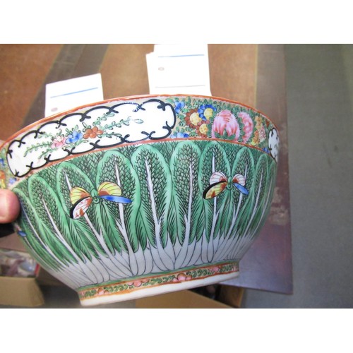 502 - 20th Century Chinese famille verte bowl, painted with butterflies and flowers, 28cm diameter