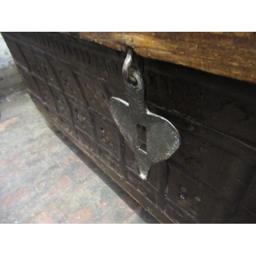 1754 - Indian Rajasthan teak and iron bound trunk, 130cm wide x 82cm deep x 54cm tall