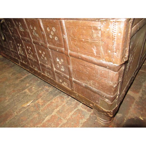 1754 - Indian Rajasthan teak and iron bound trunk, 130cm wide x 82cm deep x 54cm tall