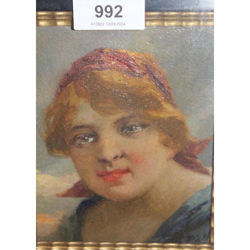 992 - Pallya Celesztin (Hungarian), oil on wooden panel, portrait of a lady, 13 x 10cm, gilt framed