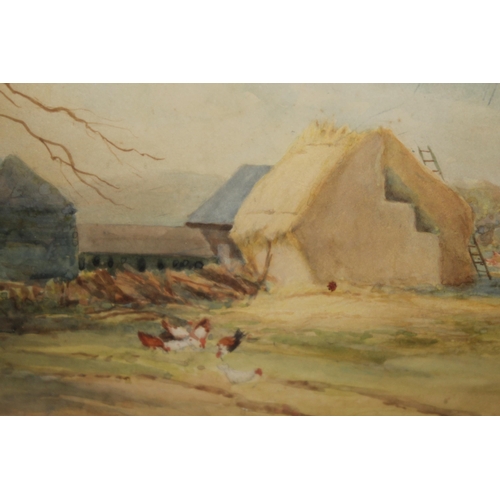 1125 - Small framed watercolour, chickens in a farmyard, 19 x 24cm, gilt framed together with a pair of sma... 