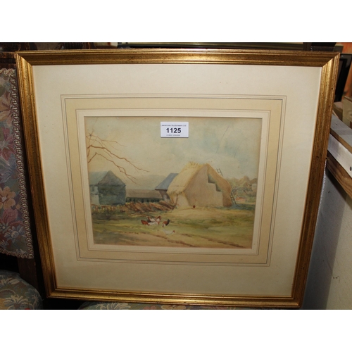 1125 - Small framed watercolour, chickens in a farmyard, 19 x 24cm, gilt framed together with a pair of sma... 