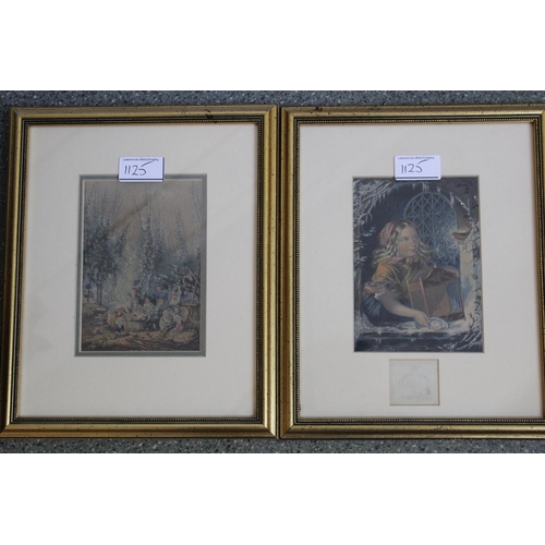 1125 - Small framed watercolour, chickens in a farmyard, 19 x 24cm, gilt framed together with a pair of sma... 