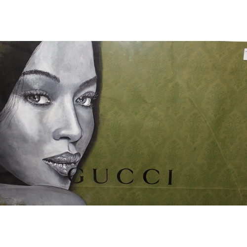 1128 - Lewis Bannister, oil and fine line on a Gucci bag, Naomi Campbell, 40 x 50cm, framed