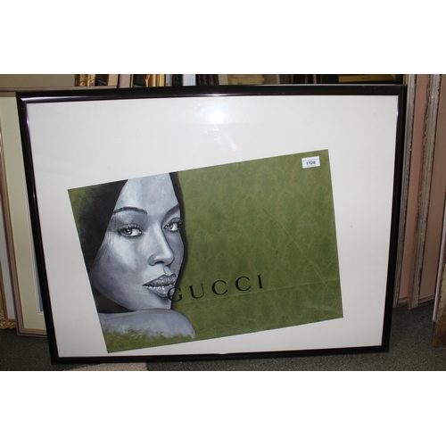 1128 - Lewis Bannister, oil and fine line on a Gucci bag, Naomi Campbell, 40 x 50cm, framed