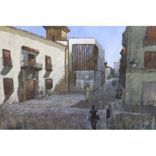 1137 - Early 21st Century Spanish School, acrylic on board, street scene with figures, indistinctly signed ... 