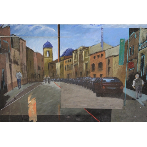 1137 - Early 21st Century Spanish School, acrylic on board, street scene with figures, indistinctly signed ... 