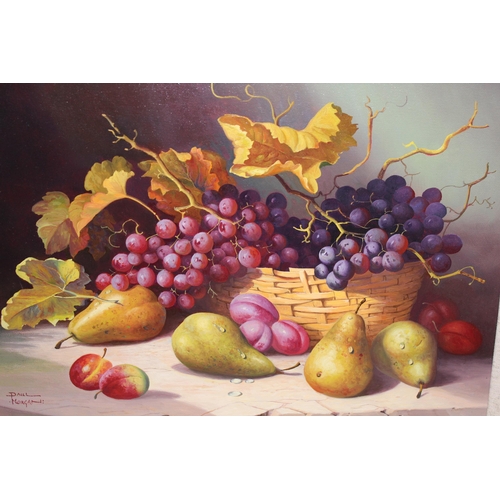 Paul Morgan, oil on canvas, still life, fruit in a basket, signed, 30 x 40cm, gilt framed