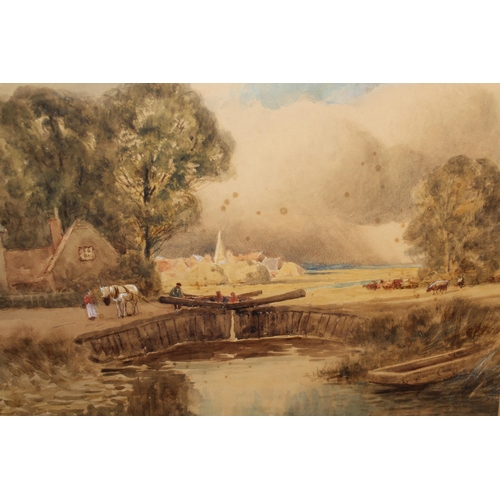 1200A - 19th Century English school watercolour, figures by loch gates in a landscape, bearing signature Dav... 