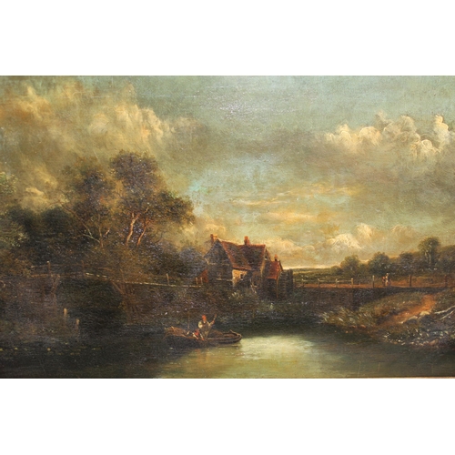 1246 - 19th Century English school oil on panel, rural landscape with figures in an open boat before a cott... 