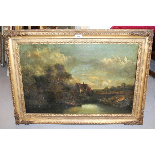 1246 - 19th Century English school oil on panel, rural landscape with figures in an open boat before a cott... 