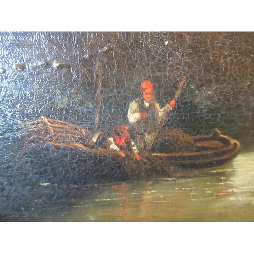 1246 - 19th Century English school oil on panel, rural landscape with figures in an open boat before a cott... 