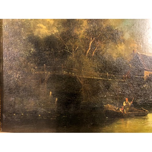 1246 - 19th Century English school oil on panel, rural landscape with figures in an open boat before a cott... 