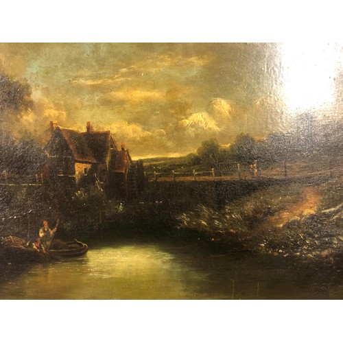 1246 - 19th Century English school oil on panel, rural landscape with figures in an open boat before a cott... 