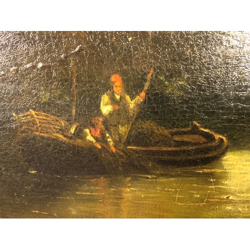 1246 - 19th Century English school oil on panel, rural landscape with figures in an open boat before a cott... 