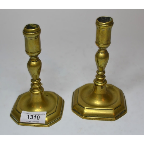 Pair of small 18th Century brass candlesticks, 14 x 5cm high