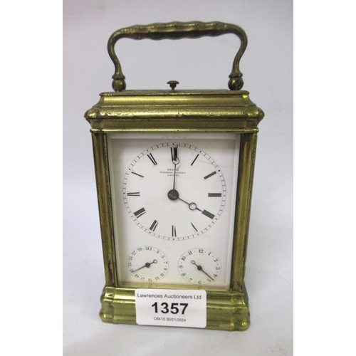 1357 - Grohe of London, 19th Century gilt brass gorge case repeater carriage clock, the enamel dial inscrib... 