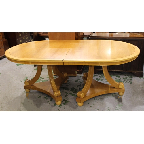 1399 - Mid to late 20th Century honey oak and sycamore crossbanded twin pedestal D-end dining table, raised... 