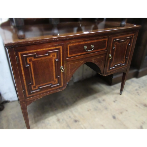 1400 - Edwardian mahogany and satinwood crossbanded kneehole dressing table (at fault), 112cm wide