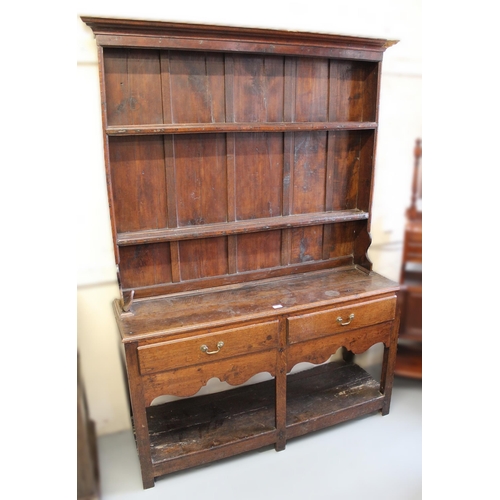 1404 - Small 19th Century oak plank top dresser with shelved back, having two short drawers with undertier,... 