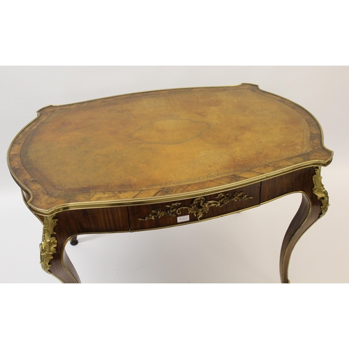 1410C - French walnut writing table having brown leather gilt tooled inset top with single frieze drawer on ... 