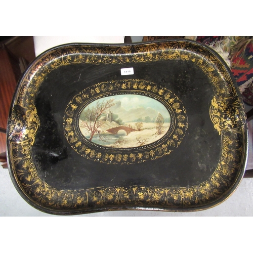 1418 - 19th Century toleware tray with central panel painted, with a winter landscape and gilded borders