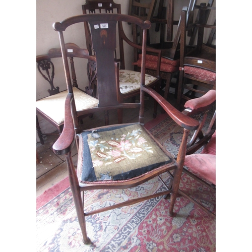 1423 - Art Nouveau mahogany inlaid open elbow chair on turned supports with stretchers (upholstery at fault... 