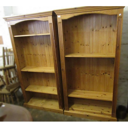 1447 - Pair of reproduction polished pine tall open bookcases, 100 x 32 x 190cm high