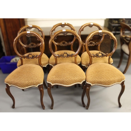 1470 - Set of six Victorian carved walnut balloon back dining chairs with carved and pierced centre rails, ... 