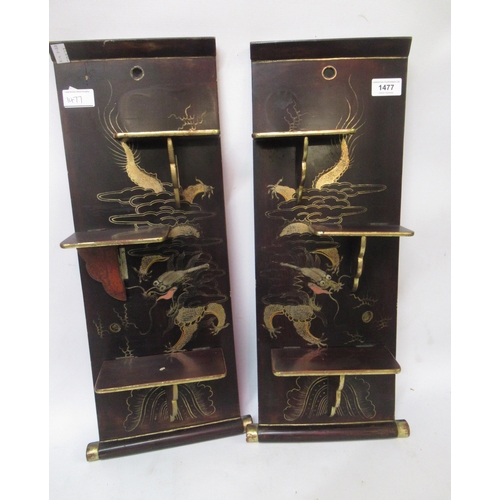 1477 - Pair of late 19th / early 20th Century Japanese lacquered three shelf folding wall brackets gilt dec... 