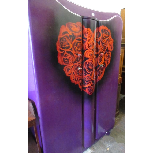 1518 - Mid 20th Century purple painted two door wardrobe, with stylised decoration of a heart of roses with... 