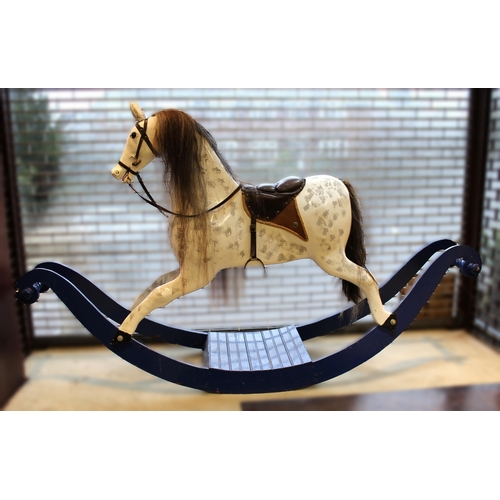 1531 - Large modern dapple grey rocking horse on blue stand (for restoration), 90cm high to saddle x 210cm ... 