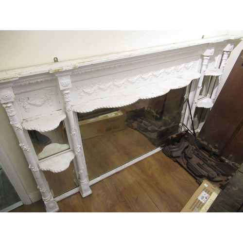 19th Century white painted overmantel mirror in Adam style, the central mirrored plate flanked by pilasters and two shelves (for restoration), 97cm high x 177cm wide